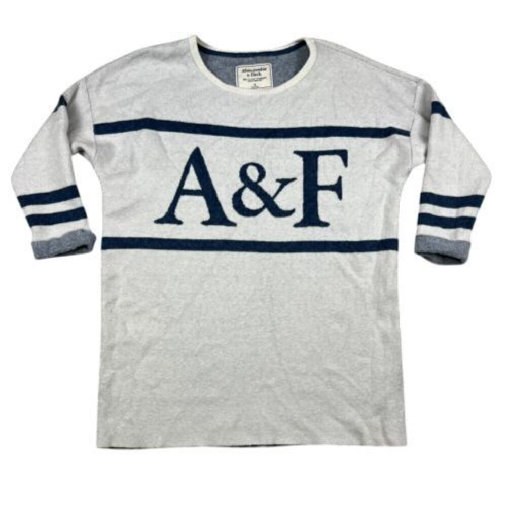 Abercrombie‎ & Fitch Sweater Womens Small Logo Crewneck Gray Blue Striped Knit